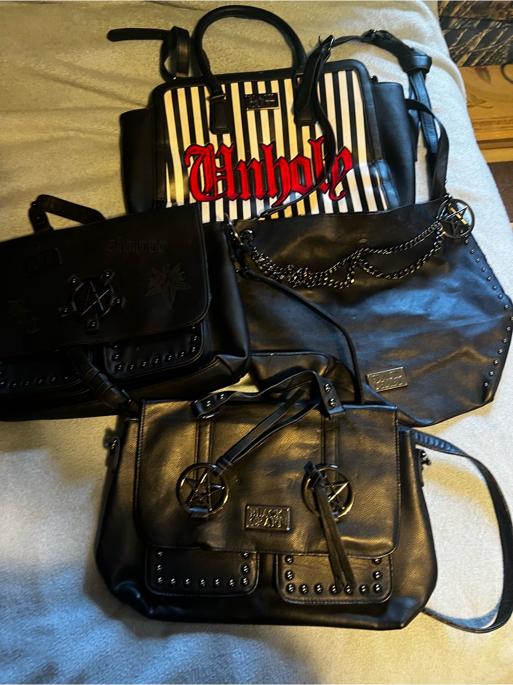 Black Vegan Leather Satchel Handbag With Star Accent